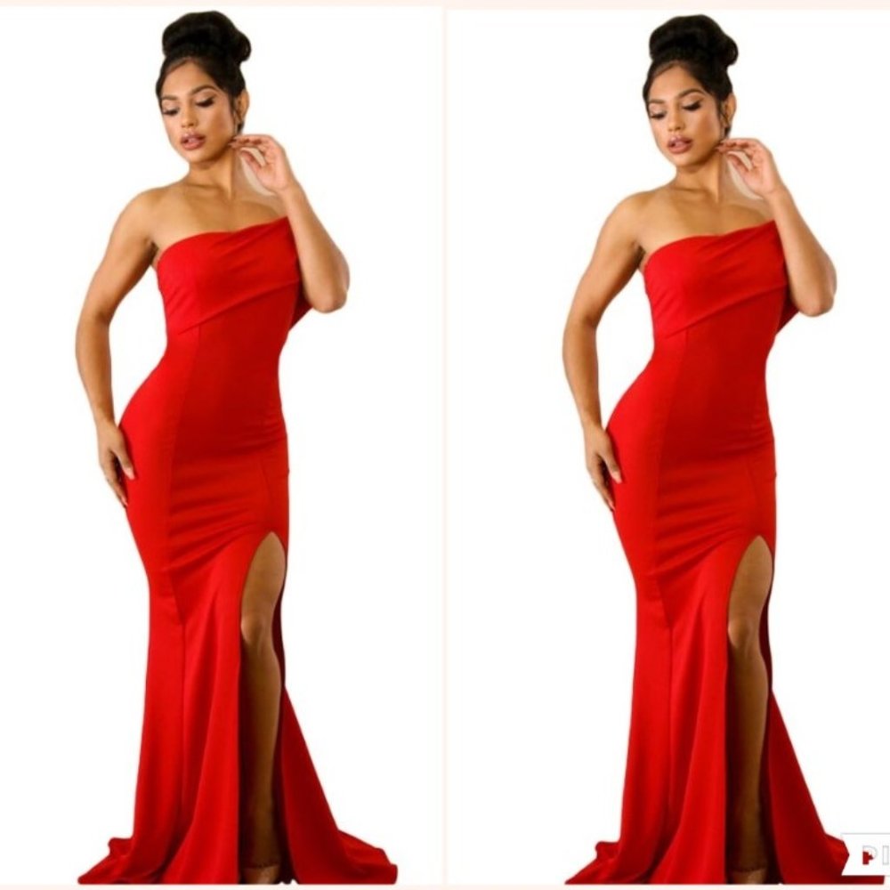 Red Off The Shoulder One Sleeve Slit Maxi Dress